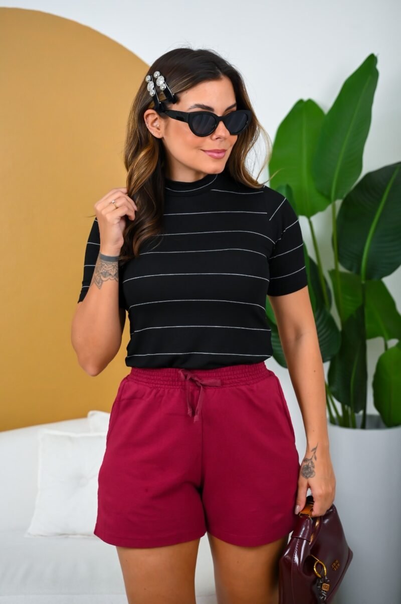 Blusa Feminina Viscolycra Manga Curta Listrada Preto