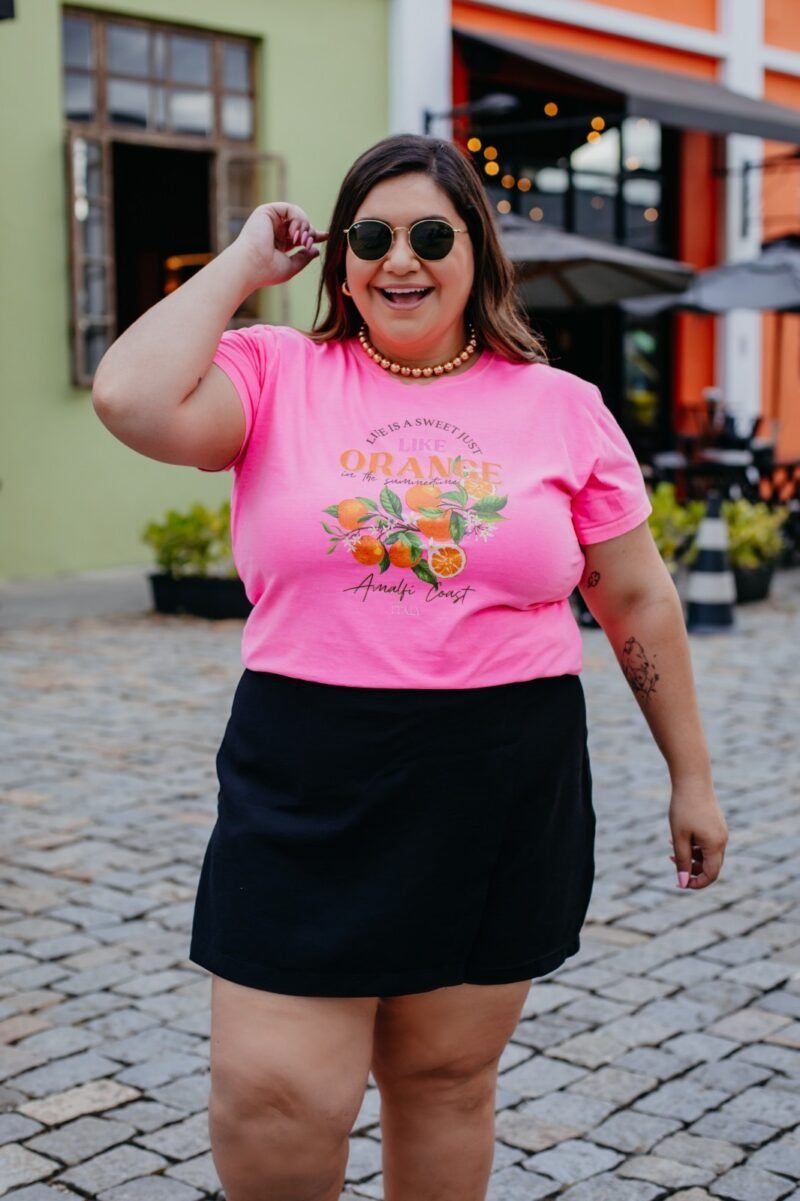 Tshirt Feminina Estonada Plus Rosa Neon Orange - Imagem 3